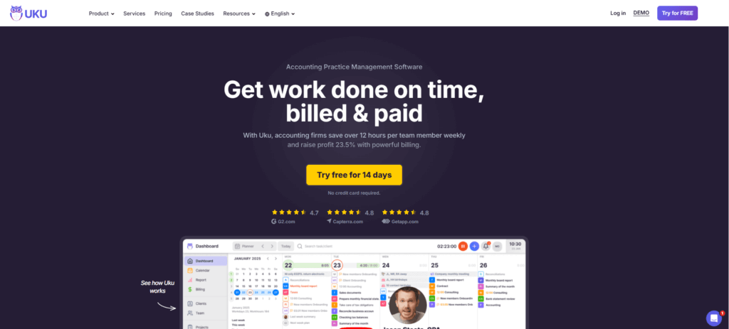 Uku accounting practice management software homepage and dashboard