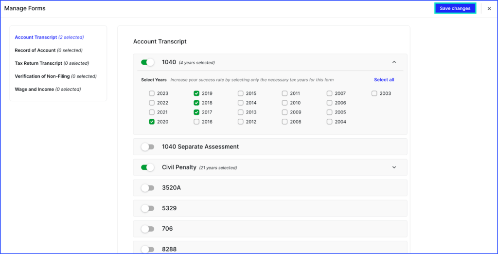 Canopy IRS transcript integration showing automated transcript pull and monitoring