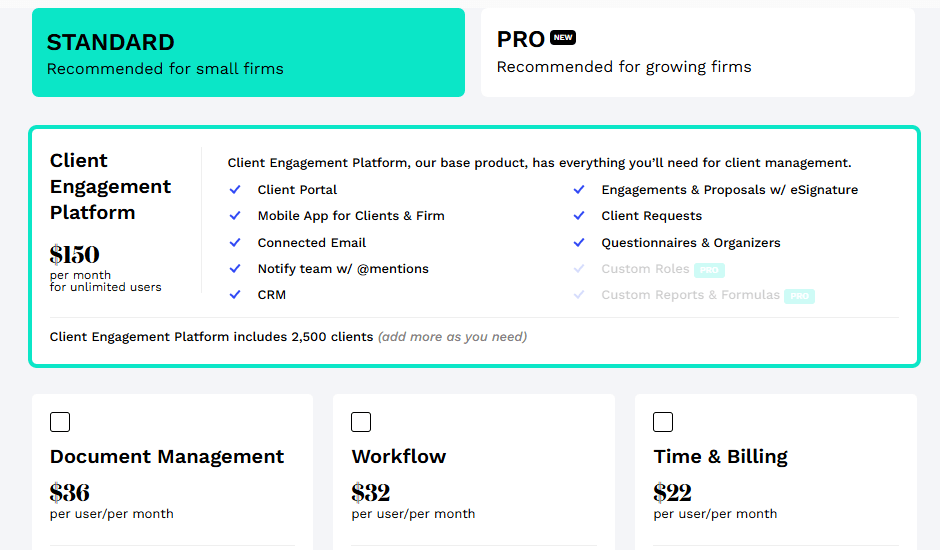 Canopy modular pricing for growing firms showing Client Engagement, Document Management, and Workflow modules