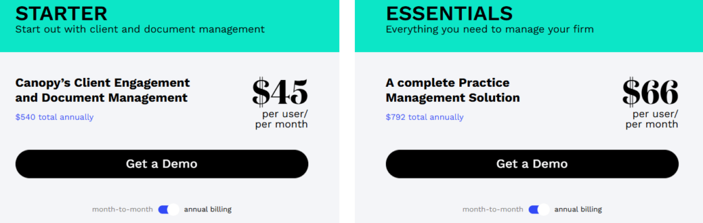 Canopy pricing plans for small accounting firms with Starter and Essentials tiers