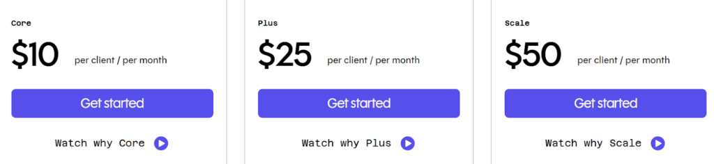 Double per-client pricing plans showing Lite, Core, Plus, and Scale tiers for bookkeeping firms
