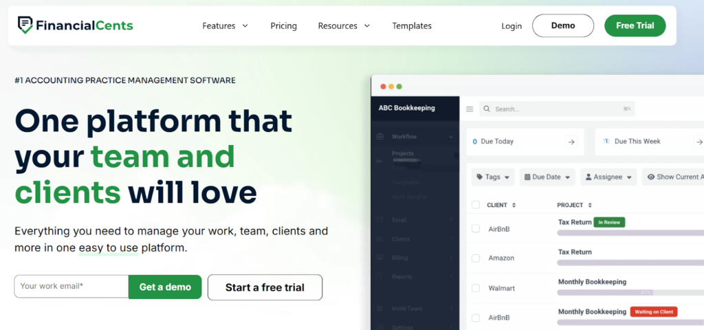 Financial Cents practice management software interface for small accounting firms