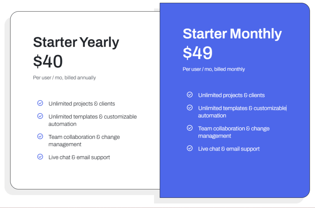 Jetpack Workflow pricing plans showing Starter annual and monthly options