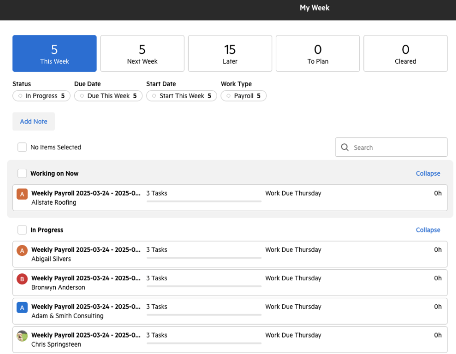 Karbon My Week dashboard showing personalized work items and calendar integration