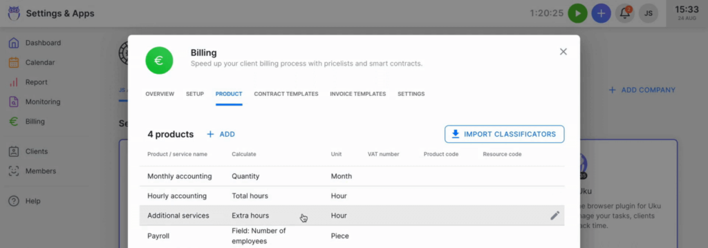 Uku automated billing interface showing invoice generation and billing contracts