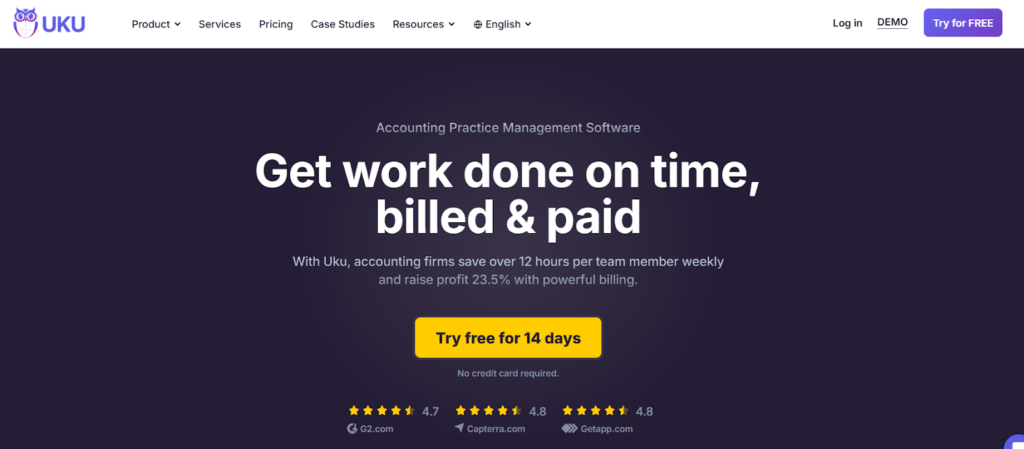 Uku accounting practice management software dashboard with task overview and team workload
