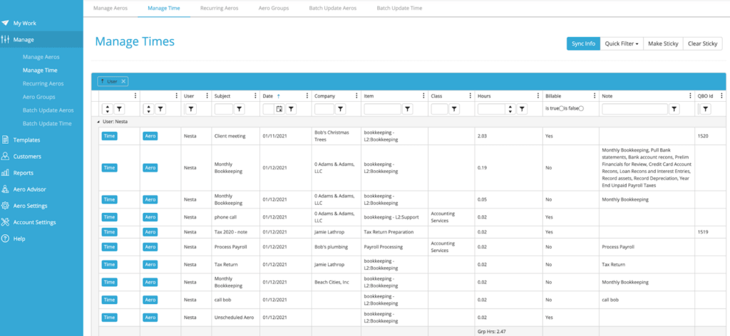 Aero Workflow time tracking built into every task
