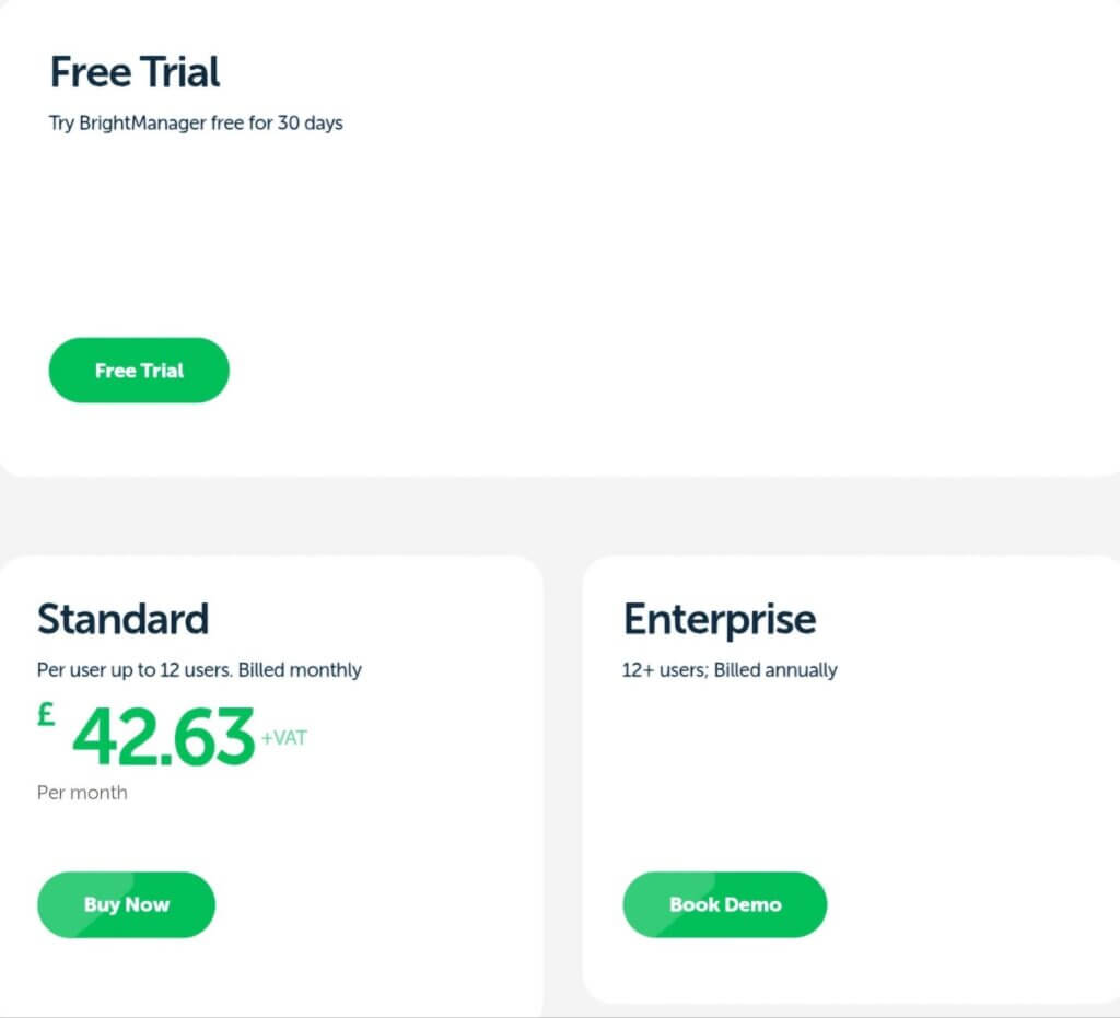BrightManager pricing plans showing Standard plan at £42 plus VAT per user per month with included features
