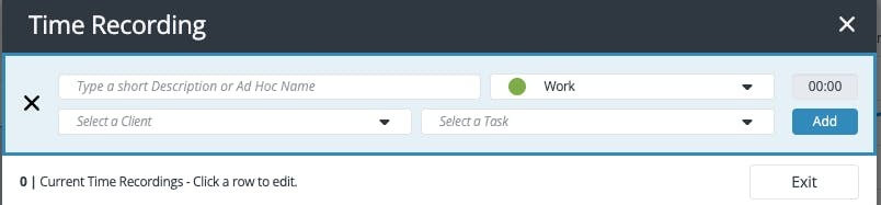 BrightManager time tracking interface with built-in stopwatch and manual time entry options