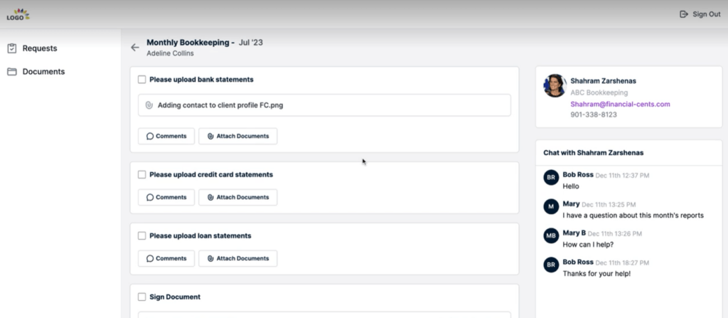 Financial Cents client portal with passwordless access and document requests