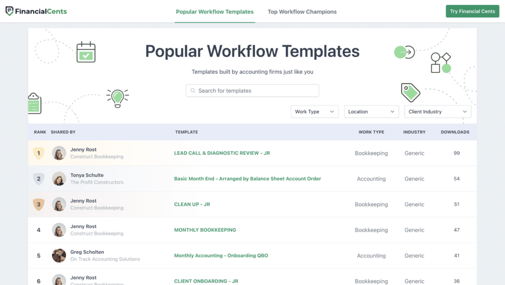 Financial Cents workflow management with project templates and task assignments