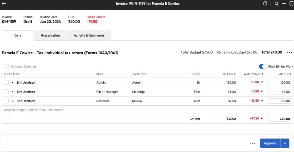 Karbon billing integrated with workflow for invoice generation