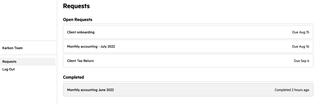 Karbon client portal with document upload and request tracking