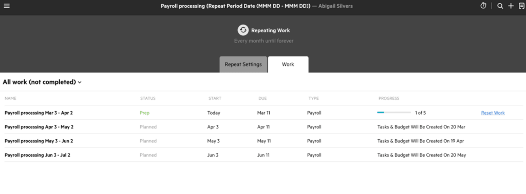 Karbon work scheduler and work templates for recurring tasks