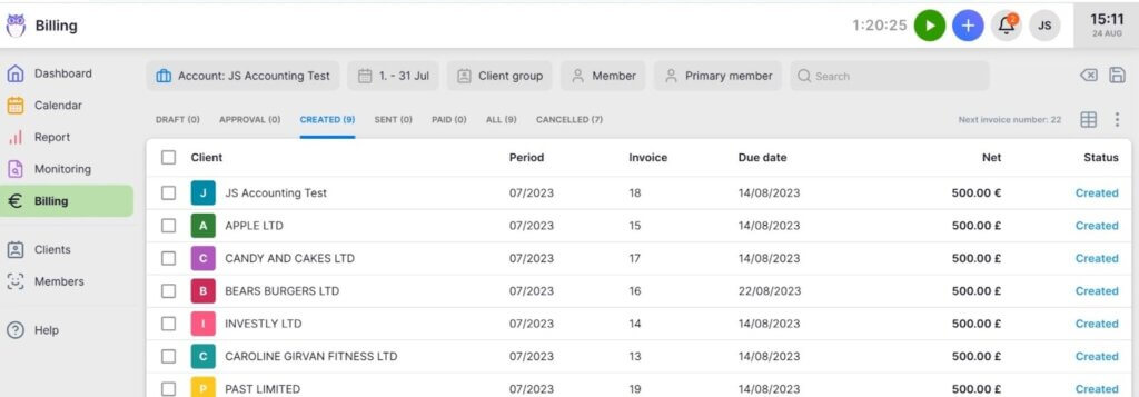 Uku automated billing interface showing complex price lists with quantity, time, and material-based rates