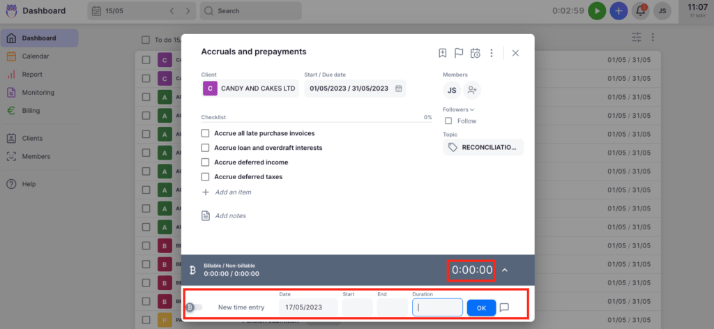 Uku time tracking with stopwatch, manual entry, and bulk allocation