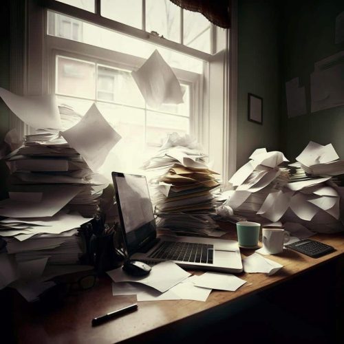 A pile of papers on an office desk
